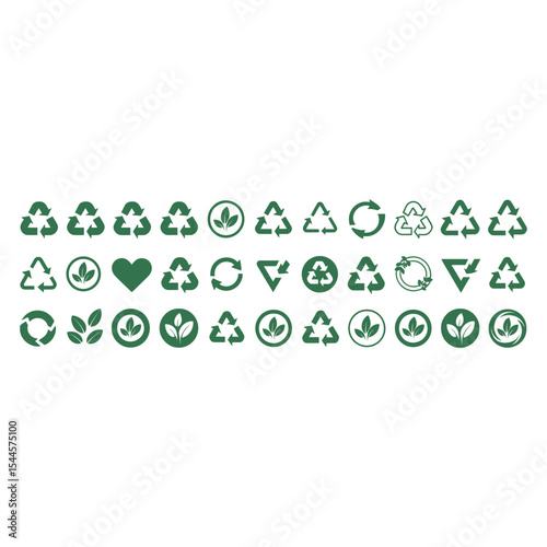 Collection of green recycle icons and eco symbols representing sustainability and environmental protection