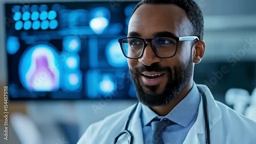 Male Doctor Smiling with Digital Medical Background, Confident Doctor with Technology Screen, Physician in Medical Lab with Digital Health Interface

