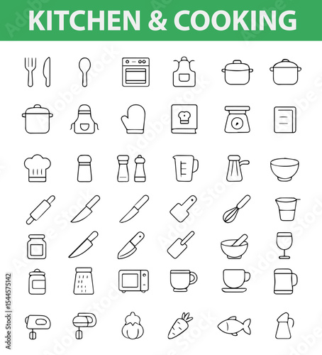 Kitchen and Cooking Line Icons,  Chef Hat, Spoon, Fork, Knife, Pot, Pan, Oven, Cup, Blender, and More in Vector Style

