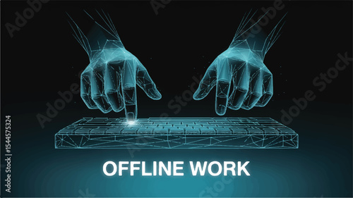 Digital Tap: An ethereal, transparent display showcases hands interacting with a virtual keyboard. The text "OFFLINE WORK" glows below, encapsulating the essence of isolated.