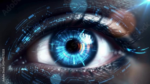 Close-Up of Eye with Digital Technology Elements, Futuristic Human Eye with Technology Interface, 3D Visualization of Human Eye with Digital Elements

