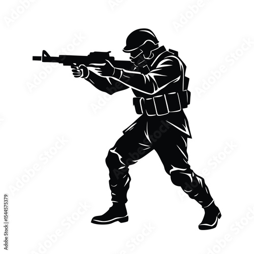 Black silhouette of an armed soldier aiming a rifle in combat stance