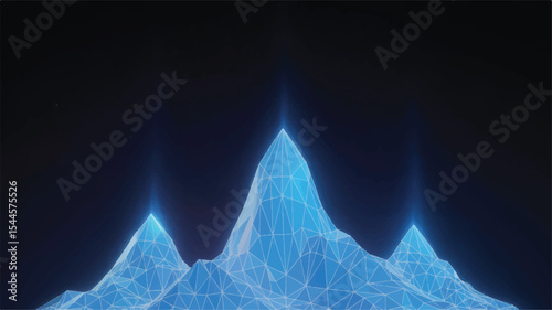 Digital Peaks: A mesmerizing display of geometric mountains, illuminated with an ethereal blue glow, embodying the essence of data visualization and the vastness of the digital frontier. 