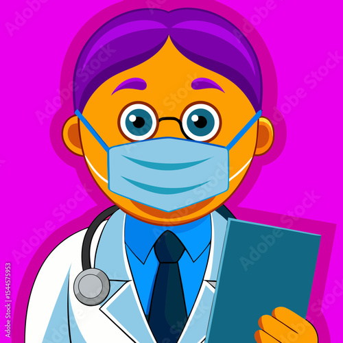 Professional portrait of a doctor in a white coat and gauze mask holding a blank A4 document, isolated on light hospital background
