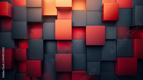 Geometric composition with cubes. A dynamic arrangement of colorful 3D cubes in red and blue tones creates a modern design.