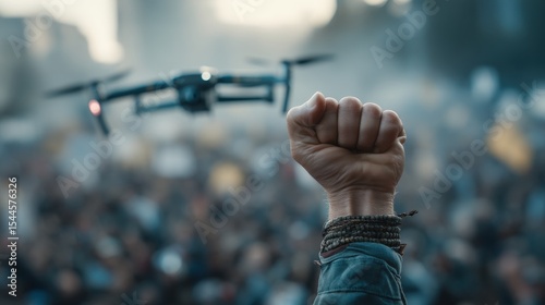 Clenched fist raised at protest as AI-controlled drone hovers overhead capturing tense moment in urban setting
