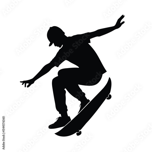 Dynamic silhouette of skateboarder performing an action trick against a bright white background