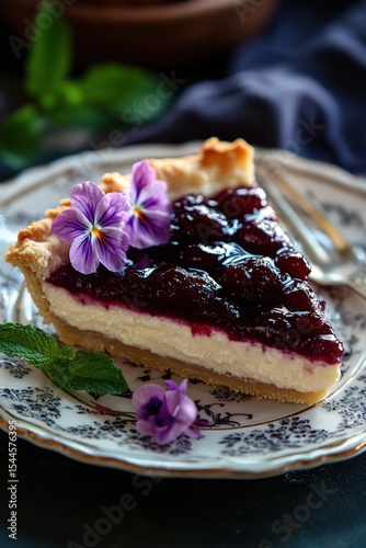 marian plum cheese pie displayed on a delicate porcelain plate, decorated with edible flowers and fresh mint leaves