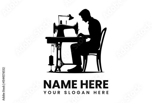 Silhouette of a tailor intently working at a vintage sewing machine.