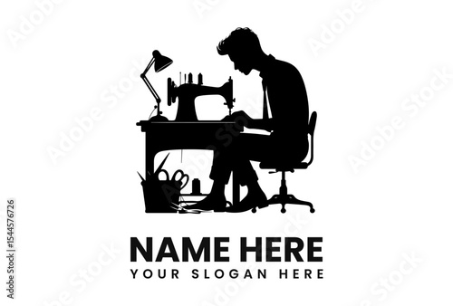 Silhouette of a tailor working intently at a sewing machine, creating garments.