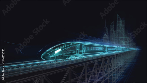 Illuminated Train on Bridge: Futuristic visualization of a high-speed train speeding across a bridge, emitting a radiant glow against a dark, creating an eye-catching scene.