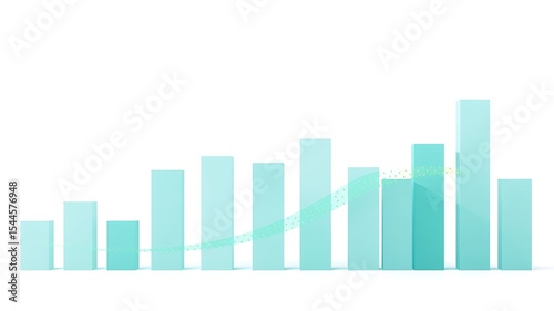 Abstract 3d render of a teal bar graph showing upward growth trend