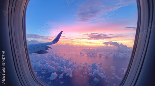 View through an airplane window during the golden hour,  The aircraft wing extends over a sea of fluffy clouds, with a vibrant gradient of orange, pink, and blue in the sky,dramatic perspective. 