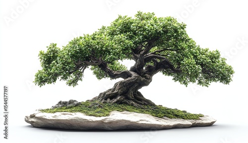 Bonsai tree with intricate roots and leaves on a rocky base.