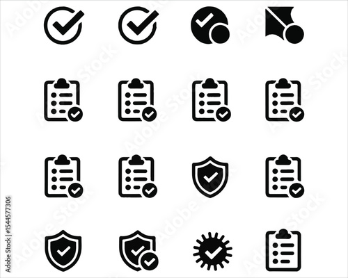 Checkmark & Approval Icon Set – Black Silhouette Vector for Validation, Certification & UI Design

