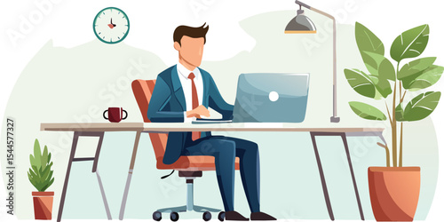 A professional working from home on a laptop at a clean desk with a coffee mug, smartphone, and a plant, with soft lighting and a cozy home-office background.
