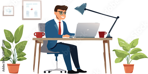 A professional working from home on a laptop at a clean desk with a coffee mug, smartphone, and a plant, with soft lighting and a cozy home-office background.