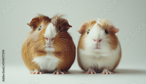 Two cute guinea pigs sitting side by side.