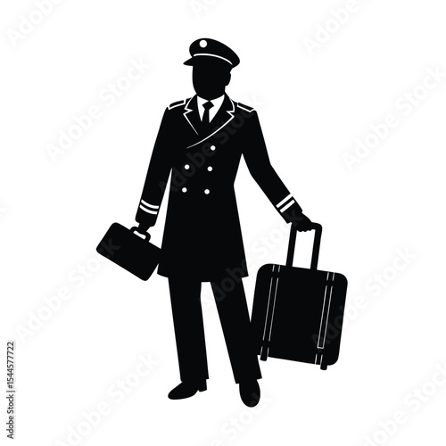Elegant silhouette of a pilot or conductor carrying briefcase and luggage for travel purposes