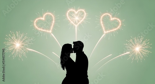 Silhouette of Couple Kissing with Heart Shaped Sparklers | Romantic Love Illustration for Valentine's Day, Anniversary, or Wedding Invitations
