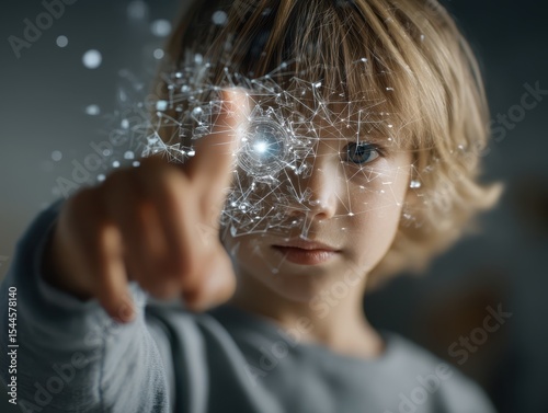 Child engages with friendly AI tutor hologram in a warm, illuminated setting while an educational interface subtly appears in the background