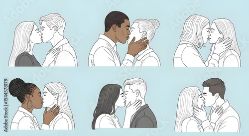 Diversity of Couples Kissing in Illustrated Style | Various Romantic Relationships Kissing and Embracing for Valentine's Day and Love Themed Graphics