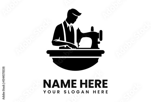 Silhouette of a tailor working at a sewing machine, creating or repairing garments.