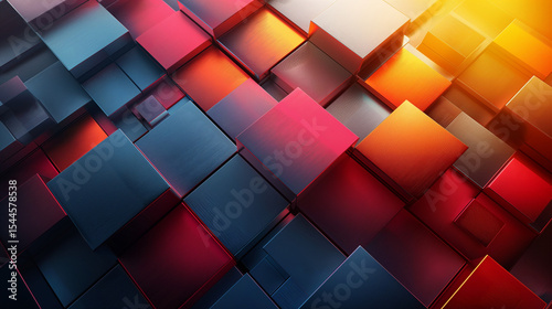 Abstract colorful 3D geometric shapes. A vibrant and dynamic arrangement of multicolored cubes, creating a visually striking and modern composition.