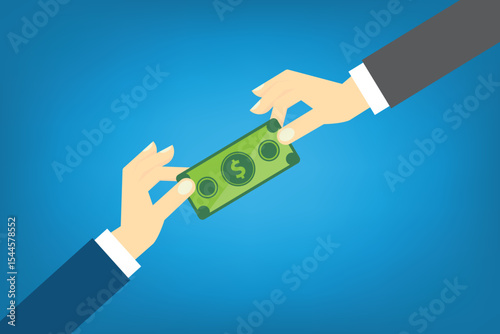Hand Giving Money, Other Hand Takes The Money. Payment In Cash. Salary, Investment, Bribe And Donation Concepts