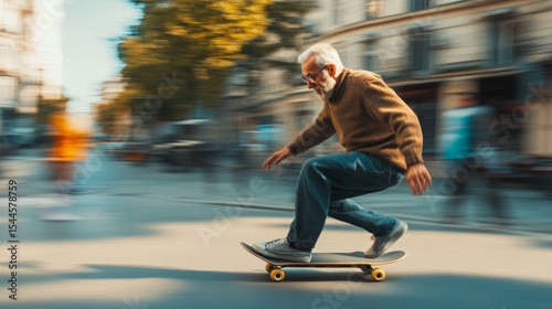An elderly man joyfully skates along a bustling city street, vividly showcasing his youthful and vibrant spirit