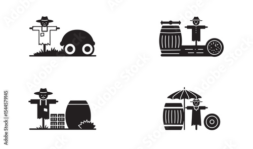 Black and white scarecrow and agricultural elements cartoon illustration set