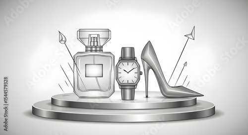 Luxury Goods Still Life: Perfume Bottle, Wristwatch and High Heel Shoe on Podium | Fashion and Beauty Product Mockup for Branding and Advertising
