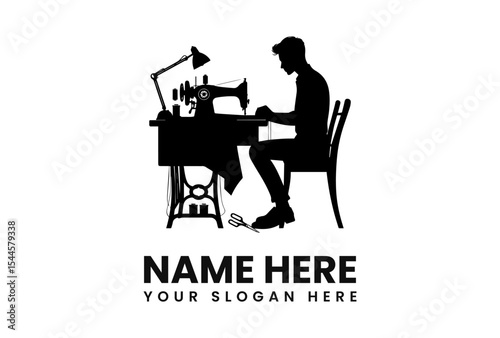 Silhouette of a tailor working at a sewing machine, a design for a business logo.