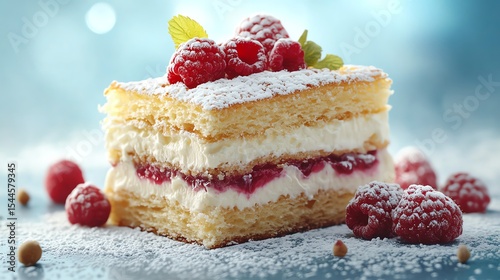 Delicious layered dessert with berries and powdered sugar topping.