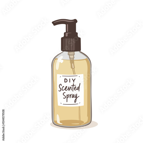 DIY scented spray bottle mockup with pump dispenser.  Clear glass bottle filled with amber liquid. Simple label design for homemade scented spray.
