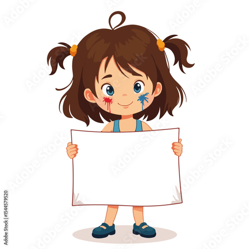 Cute girl holding blank sign with paint splatters on face.  Child shows white board for message. This illustration is perfect for kids crafts projects or art class announcements.