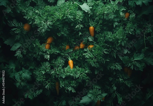 Rich green foliage with hidden orange carrots peeking through.
