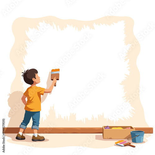 Child painting wall with paintbrush and paints. Boy paints blank space on wall. Young artist with paintbrushes and paint creating artwork for home decor.