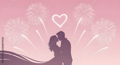 Romantic Couple Silhouette with Heart and Fireworks on Pink Background | Celebration of Love and Marriage for Valentine's Day Cards and Wedding Invitations