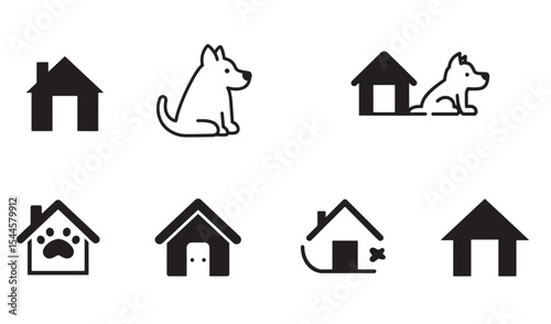 Collection of black and white dog house icons ideal for pet care and animal related projects
