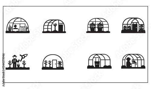 Collection of black and white greenhouse vector illustrations showcasing gardening and horticulture