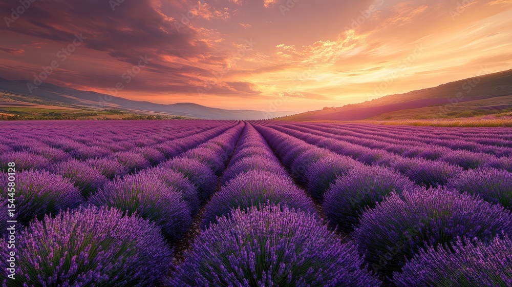 Obraz premium Lavender field at vibrant sunset. Vast rows of purple blooms stretch towards a dramatic, colorful sky