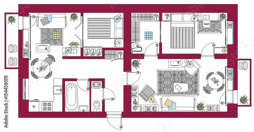 House or apartment architectural sketch. Drawing of building. Set of furniture icons for floor plan and interior design all residential rooms. Vector