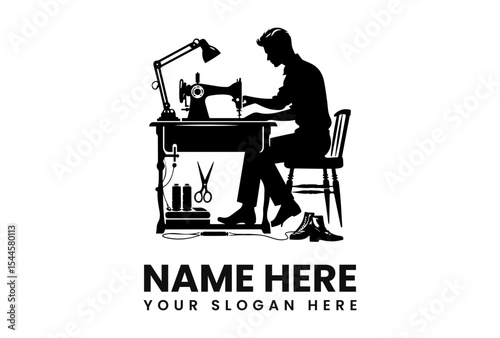 Silhouette of a tailor working on a sewing machine, with tools and shoes.