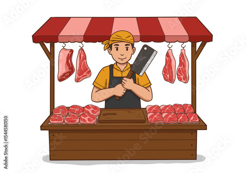 A clean and professional modern cartoon vector illustration of a friendly Indonesian male butcher, standing proudly behind his wooden market stall while holding a large cleaver knife.