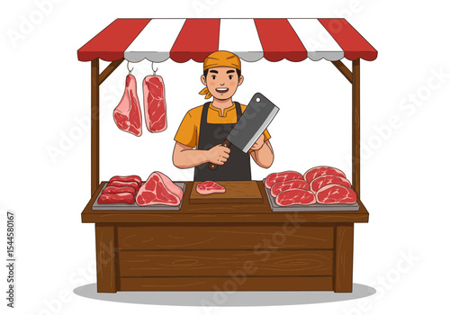 A clean and professional modern cartoon vector illustration of a friendly Indonesian male butcher, standing proudly behind his wooden market stall while holding a large cleaver knife.