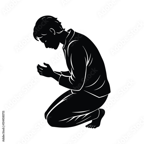 Silhouette illustration of a person kneeling in prayer or meditation with hands clasped together