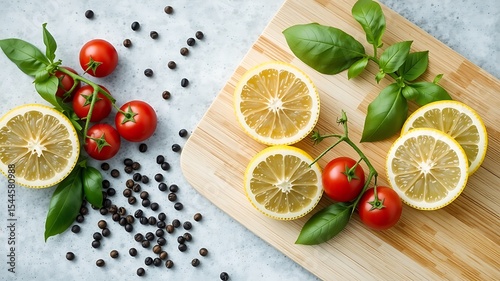 Fresh lemon slices basil tomatoes and peppercorns on wooden board
