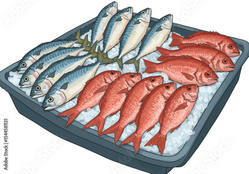 A detailed and clean vector illustration of a traditional Indonesian fish stall, 'penjual ikan', where a variety of fresh fish like mackerel ('kembung') and red snapper are artfully arranged.