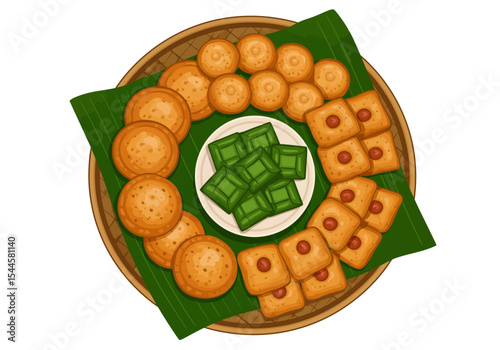 A delicious and colorful top-down flat lay vector illustration of various Indonesian traditional market snacks, known as 'jajanan pasar', including kue lapis, klepon, and risoles.